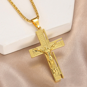 KOMI Collier croix en acier inoxydable pour hommes, couleur argent or, crucifix de prière des seigneurs, pendentif croix, bijoux chrétiens pour hommes - Product Image 4
