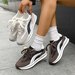 Retro Color Block Lace up Women Suede Platform <strong>Trainers</strong> Wear Resistant Tread Sole Footwear for Casual Daily Urban Street Wear - Product Image 1