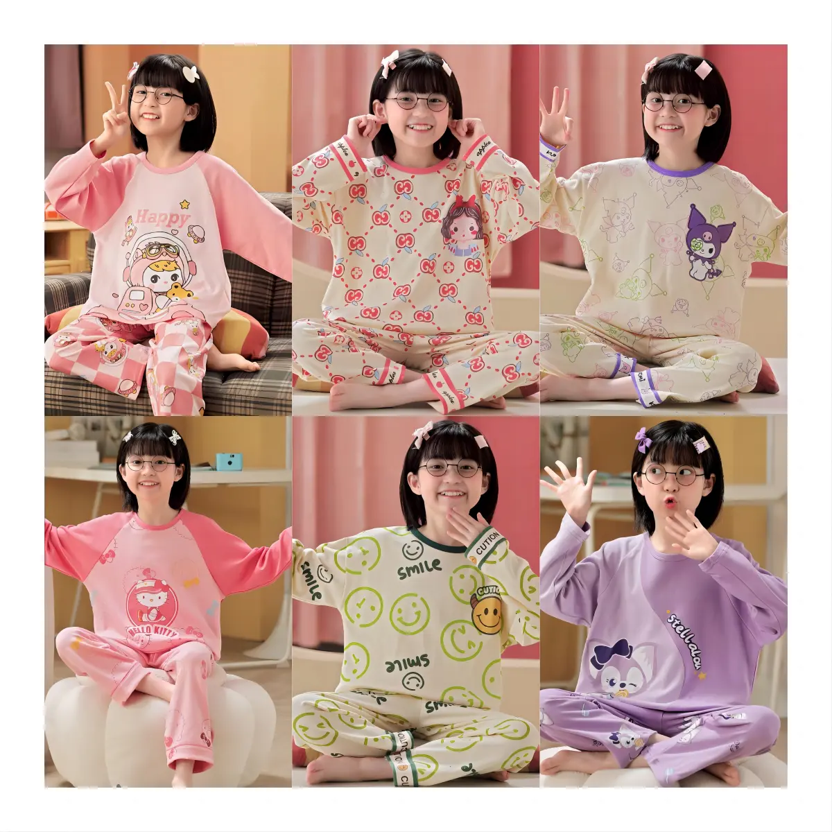 Two Piece Cotton Girls Boys Pajama Sets New Design Cute Pyjama Summer Long Sleeve Children Sleepwear Set For Kids
