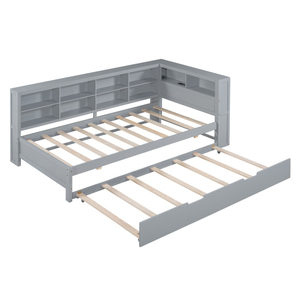 New Design DayBed with Storage Shelf and USB Charging Ports Wooden Twin Size DayBed with Twin Size Trundle for Bedroom - Product Image 5