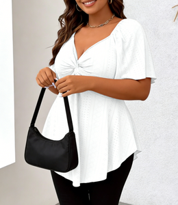 Chemisier Peplum Femme Grande Taille Blanc en Fibre de Lait Tricoté Col V Torsadé à Volants Manches Courtes Noué Décontracté Automne Été - Product Image 5