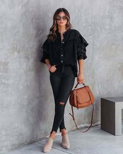 En gros Nouvelle collection automne Veste en jean vintage verte pour femme, style vieilli avec déchirures et coutures, style urbain, Blouses - Product Image 6