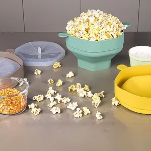 Cubo de palomitas de maíz de silicona de grado alimenticio con tapa DIY cuenco de palomitas de maíz plegable para microondas