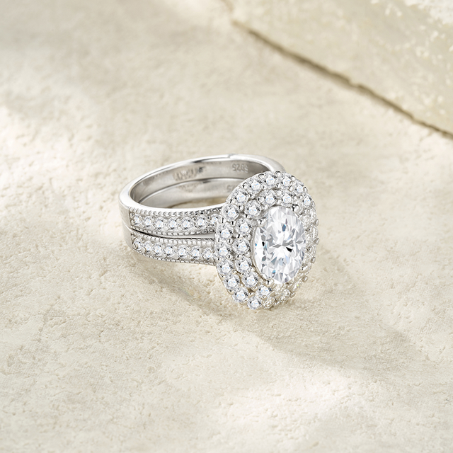 925 Silver Classic 2ct Oval Moissanite Ring Set Double Halo Matching Band Bridal Engagement Wedding GRA Wholesale Rings