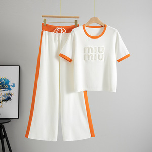 Completo Estivo Donna Nuova Collezione Transfrontaliera: Top <span class=keywords><strong>a</strong></span> Maniche Corte <span class=keywords><strong>a</strong></span> <span class=keywords><strong>Righe</strong></span> con Perline e <span class=keywords><strong>Pantaloni</strong></span> Larghi Casual <span class=keywords><strong>a</strong></span> Gamba Larga, Set Due Pezzi Trendy - Product Image 2