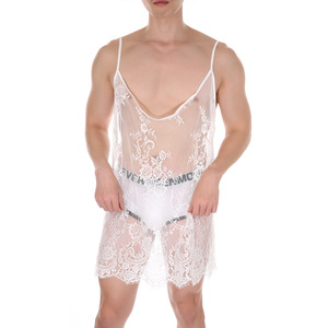 Vêtements <span class=keywords><strong>de</strong></span> <span class=keywords><strong>nuit</strong></span> sexy pour hommes, chemise en dentelle transparente à dos ouvert avec bretelles spaghetti, lingerie exotique pour hommes - Product Image 1