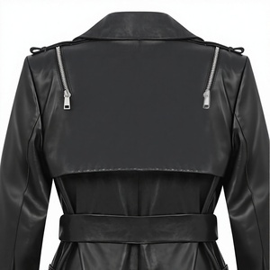 Gabardina Negra de Cuero Genuino Ecológico de Secado Rápido, Doble Botonadura, con Cinturón, Largo Midi, Ropa Exterior para Mujer, Otoño-Invierno - Product Image 4