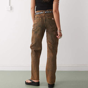 Jeans <span class=keywords><strong>Cargo</strong></span> a Vita Alta Marrone Caramello per <span class=keywords><strong>Donna</strong></span>, Personalizzati in Fabbrica, Gamba Larga, Lavaggio Vintage, Denim Trendy Retrò per Uso Quotidiano - Product Image 2