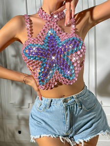 Female Pink and <strong>Blue</strong> Rhinestone Spaghetti Strap Crop Tank <strong>Top</strong> Women Sexy Star Shape Backless Metal Chain Acrylic <strong>Cami</strong> <strong>Top</strong> Rave - Product Image 2