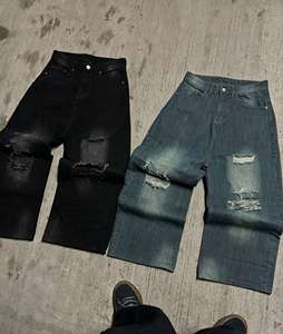 Vaqueros <span class=keywords><strong>Anchos</strong></span> Casuales Personalizados con Flecos y Agujeros, Estilo Vintage Desgastado, para Hombre y Mujer, con Serigrafía - Product Image 1