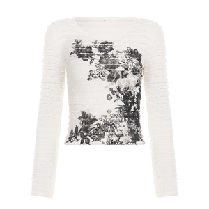 Vintage Floral Print Textured Knit <b>Top</b>, <b>Long</b> <b>Sleeve</b> Women's T Shirt, Retro Printed Casual <b>Top</b>, <b>Y2K</b> Streetwear Fashion - Product Image 6