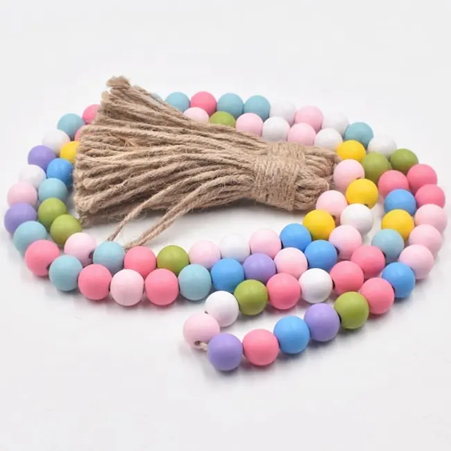 32pcs Candy-colored wood garland tassel strings natural cotton rope beaded with tassel home wall decorative pendant