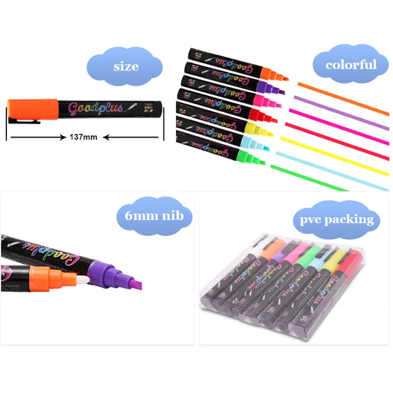 Lot de 8 stylos marqueurs fluorescents à craie liquide effaçable