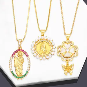 Guadalupe Zirkoon Parel Maagd Mary Hanger Ketting Religieuze Christ Jesus Ketting Bloem Vlinder Vrouwen Koperen Sleutelbeen Ketting