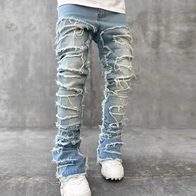 Custom Men Vintage Denim Flare Hip Hop Washed Distressed Pants Flare Ripped Stacked Jeans