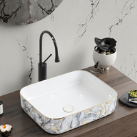 Lavabo de salle de bain rectangulaire en céramique artisanale avec motif doré de luxe, lavabo de table, lavabo d'art