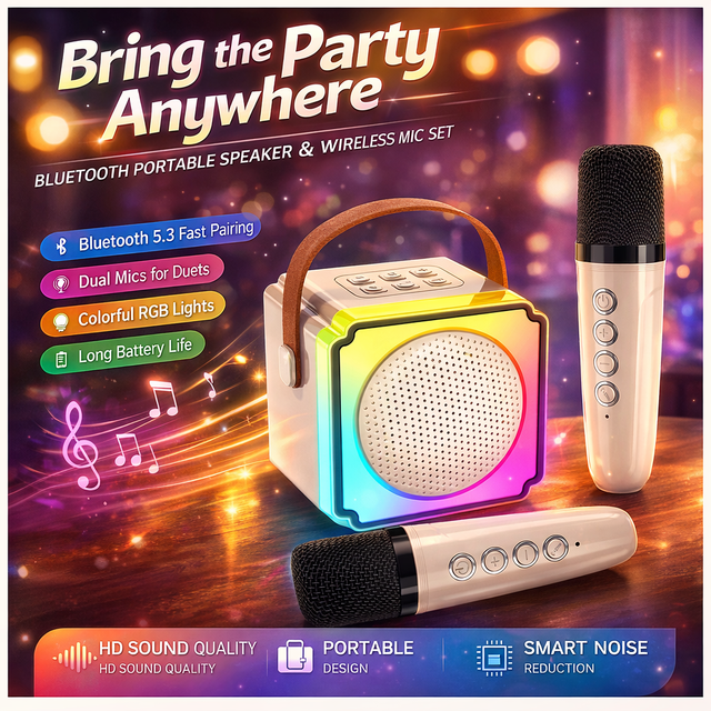 Portable Karaoke Speaker Set with Wireless Microphones for Kids, Magnetic Party Mini KTV Singing Box Home Audio System