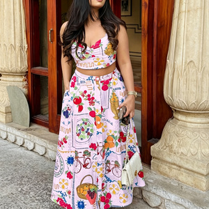 Ensemble jupe midi et crop top dos nu bohème pour femme, imprimé floral, coupe classique, robe décontractée d'été en coton tissé respirant avec fente - Product Image 5