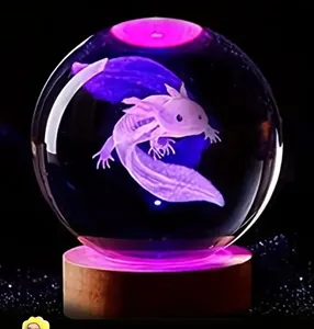 3D Axolotl 레이저 새겨진 크리스탈 볼 램프 멀티 컬러 야간 조명 유리 공 거실 침실 크리스탈 볼 조명