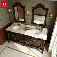 Meuble-lavabo double vasque en bois massif sculpté sur mesure Happy Houses, finition brun foncé, avec comptoir en marbre, pour villa et maison