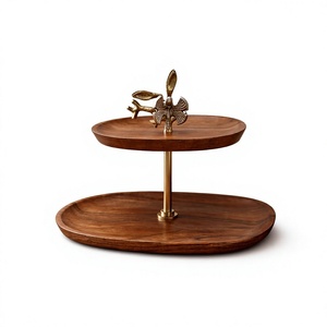 2 Tier Wooden Serving Tray Handcrafted Solid Acacia Wood Snack Serving <b>Stand</b> with Dragonfly Decor for Tea Coffee Snacks Desserts - Product Image 1