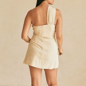 Robe courte en lin de haute qualité, à épaule dénudée, nouée, décontractée, à la mode, personnalisable avec votre propre marque - Product Image 4