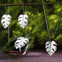 Lotus Fun fait à la main en argent Sterling 925 plaqué or 18 carats feuille de Monstera pendentif chaîne collier boucle d'oreille bague ensemble de bijoux pour femmes