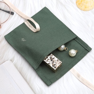 Custom Logo Printing Canvas Flap <b>Gift</b> Comb Jewelry Bag With Ribbon Green Soild Cotton <b>Envelope</b> Packaging Dust Pouch - Product Image 2