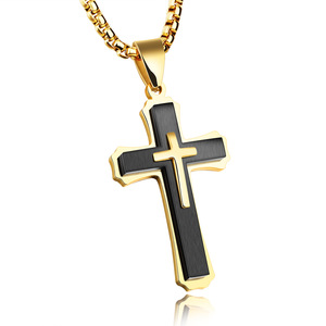Vintage three-layer cross necklace, <b>titanium</b> steel domineering male decoration, engraved gift pendant - Product Image 3