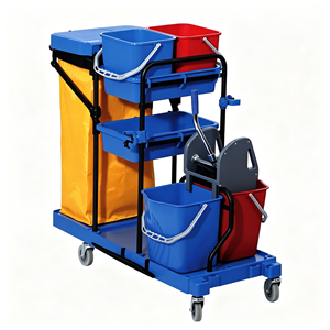 Chariot de nettoyage commercial pour hôtels et hôpitaux, chariot de conciergerie avec seaux amovibles, support à déchets, étagère multi-niveaux, silencieux - Product Image 2