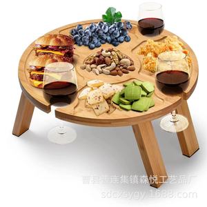 <b>Bamboo</b> Wooden Wine Glass And Bottle Holder Foldable Outdoor <b>Table</b> Tray For Picnic Snack Cheese Serving Stand - Product Image 3