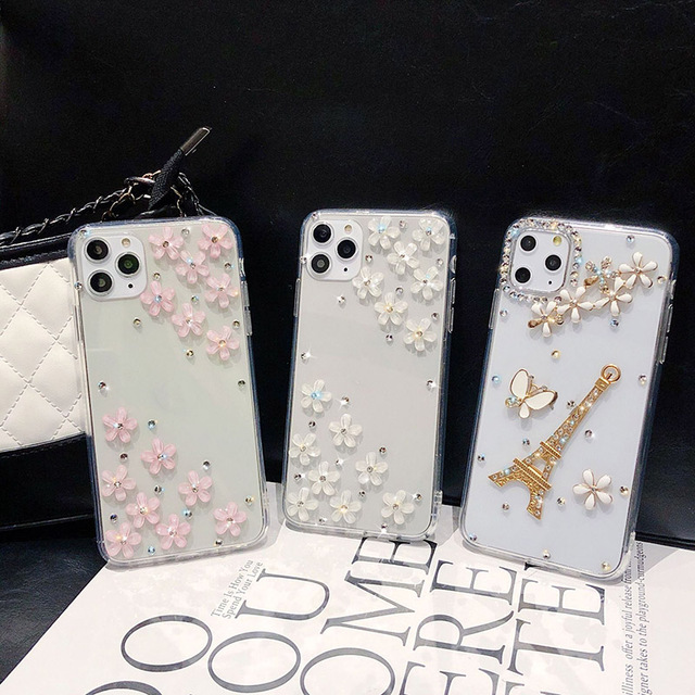 Fashion Bling Glitter Crystal Flower Rhinestone Transparent Phone Case for iPhone 12 13 14 15 16 Plus Pro Max for Samsung Phone