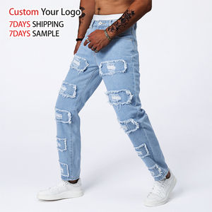 Jeans de Mezclilla Azul Elásticos de Alta Calidad, Corte Recto, Ajustados, Desgastados, de Cintura Media, Casuales y Personalizados para Hombre - Product Image 4