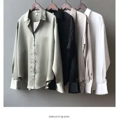 7 renkler sonbahar moda düğme Up saten ipek yaka gömlek Vintage gevşek düz beyaz bayan uzun kollu sokak bluz gömlek t18403Y