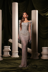 LM D234 <strong>Silver</strong> Natural High Neck Floor-Length Lace Crystal Beaded Mermaid Anti-Wrinkle Evening Gown Sheer <strong>Skirt</strong> for Formal - Product Image 3