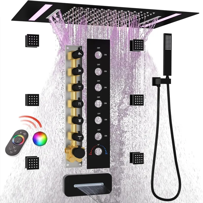 Thermostatic Shower System with Body Jets Smart Shower Jets System In Wall with LED Light Music Black Shower System