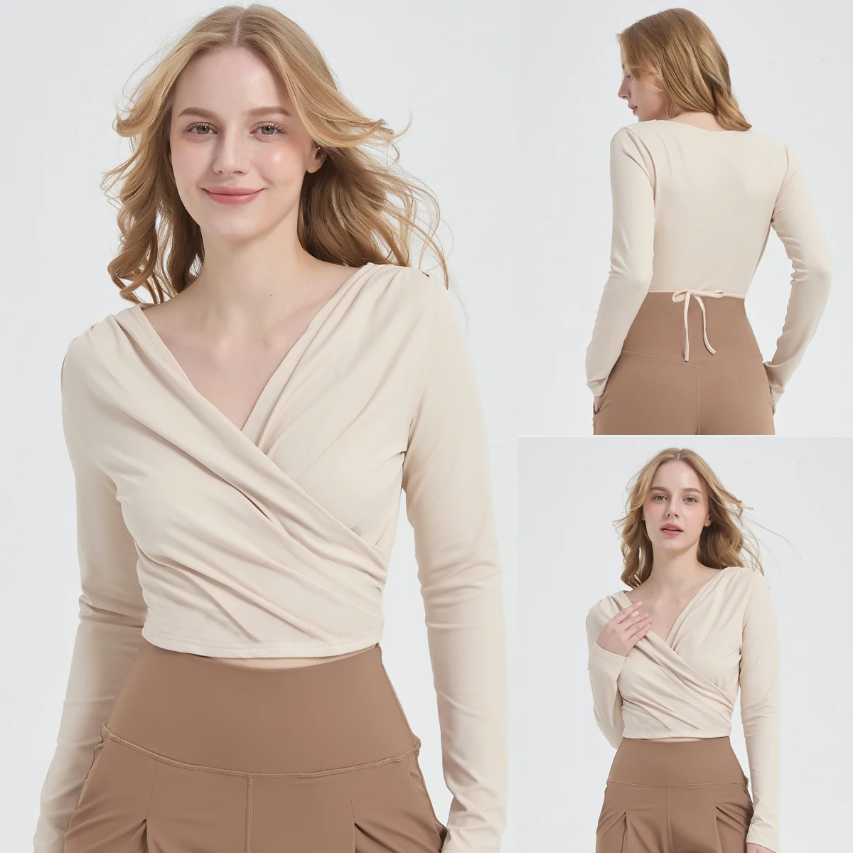 2026 Spring Women's Active Stretch Polyamide Seamless Yoga Top Sports Running Pilates Fitness Cross Long-sleeved V-neck