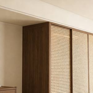 Armoire modulaire en bois personnalisable BALOM avec porte coulissante en rotin et niche de rangement latérale pour les espaces de chambre à coucher à domicile - Product Image 6