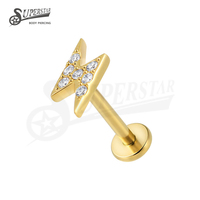 SUPERSTAR ASTM F136 Titane sans filetage à enfiler, serti de zircone cubique en forme d'éclair, pour piercing labret et lèvre