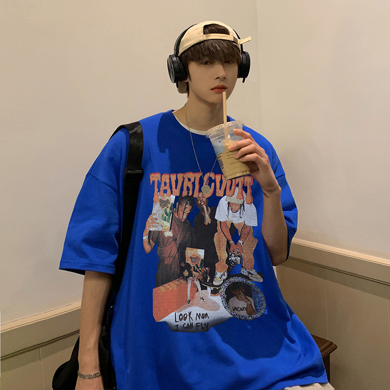 Blue japanese streetwear hip hop t shirt