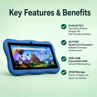 Tablette éducative pour enfants de 7 pouces, nouveau design, Android 12, processeur quadricœur, 2 Go de RAM, 32 Go de stockage, Wi-Fi, jeux de puzzle, KidsTab
