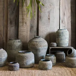 Oriental classique ferme grossier florero argile grise pot rond pot rustique vintage grand sol vase à fleurs pour la décoration