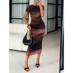 Vestido largo de malla transparente con efecto tie-dye para mujer, manga corta, ajustado, fruncido, para cóctel, cuello redondo, de gasa translúcida - Product Image 5