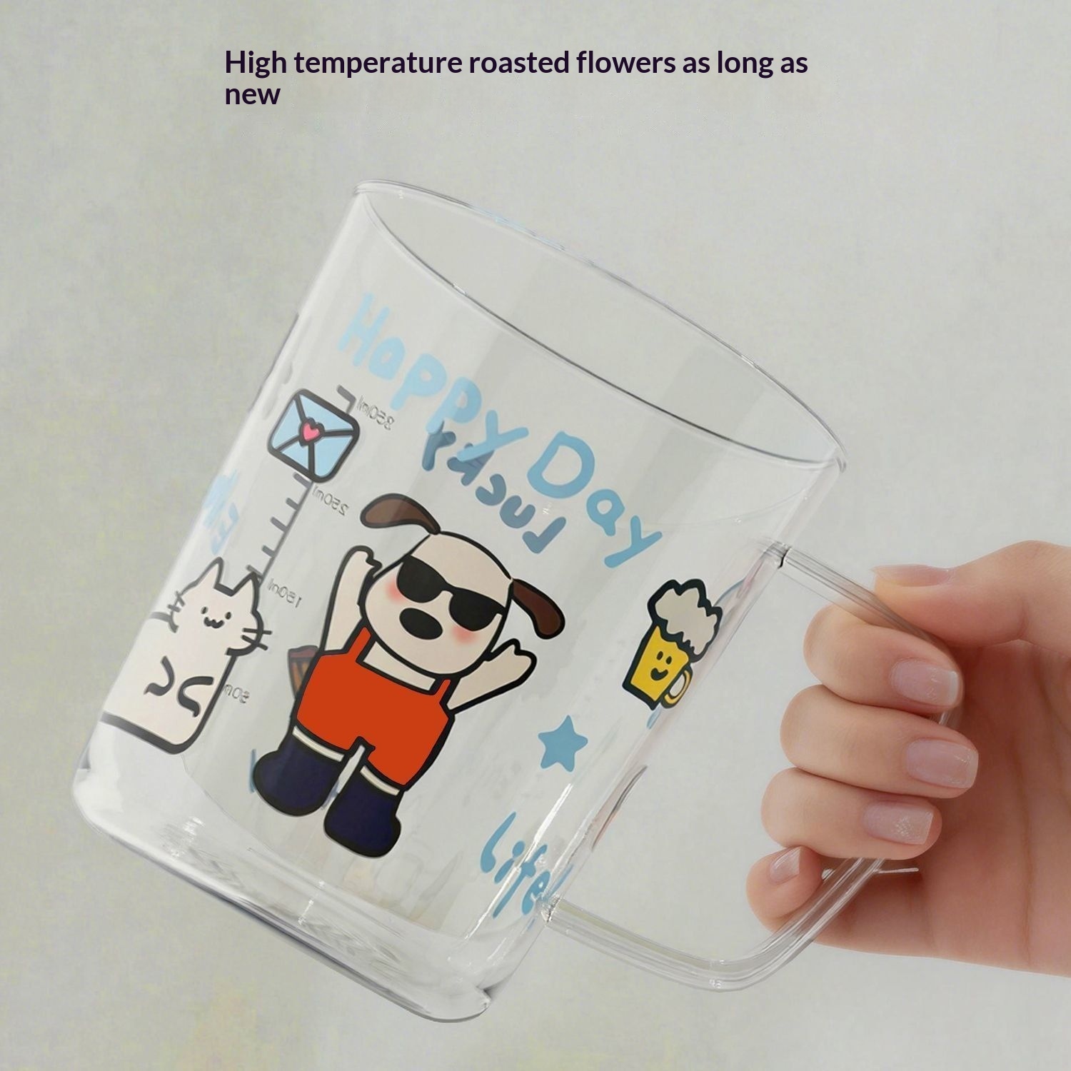 Cartoon Design High Borosilicate Glass Coffee Milk Cup Explosion-proof Portable Heatable Handle Microwave Safe Dishwasher Safe view 3