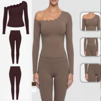 Ensemble de vêtements de sport Scallop pour femme, tenue de fitness asymétrique à une épaule, 2 pièces, pour Pilates et Yoga