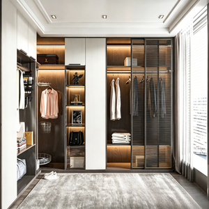 Ensemble de <span class=keywords><strong>dressing</strong></span> BALOM personnalisé bicolore avec console centrale, éclairage LED encastré et armoires en placage de bois - Product Image 5