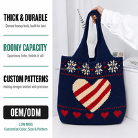 Sac fourre-tout en tricot rayé bleu marine avec cœur, motif flocon de neige de Noël, idéal pour les fêtes, personnalisable avec logo couleur, faible MOQ, OEM, ODM, marque privée