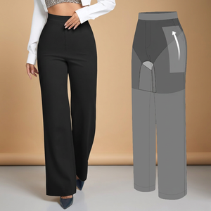 Pantalon large taille haute pour femme, couleur unie, en crêpe, coupe ample, longueur complète, taille élastique, style décontracté automne avec poches - Product Image 3