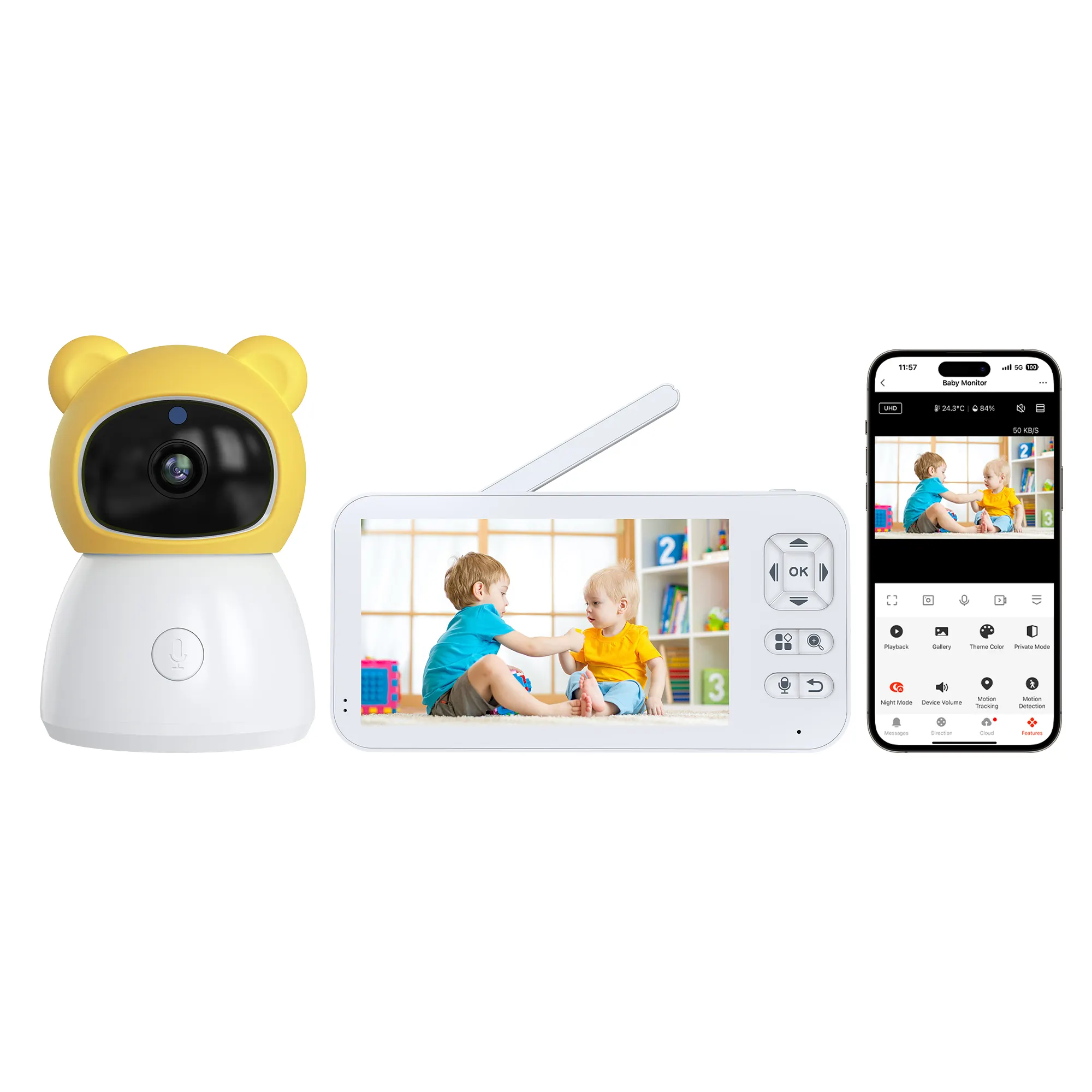 स्मार्ट फोन ऐप के साथ डिस्प्ले 1080पी दो तरफा वीडियो ऑडियो रिमोट व्यू के साथ वायरलेस वाईफाई बेबी मॉनिटर