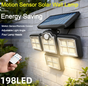 Lampe solaire de jardin <span class=keywords><strong>d</strong></span>'extérieur avec télécommande, 4 têtes, <span class=keywords><strong>d</strong></span>étecteur de mouvement, lampe IP65 étanche, 270 degrés grand <span class=keywords><strong>angle</strong></span>, lampes murales avec 3 modes, 198 LED - Product Image 2